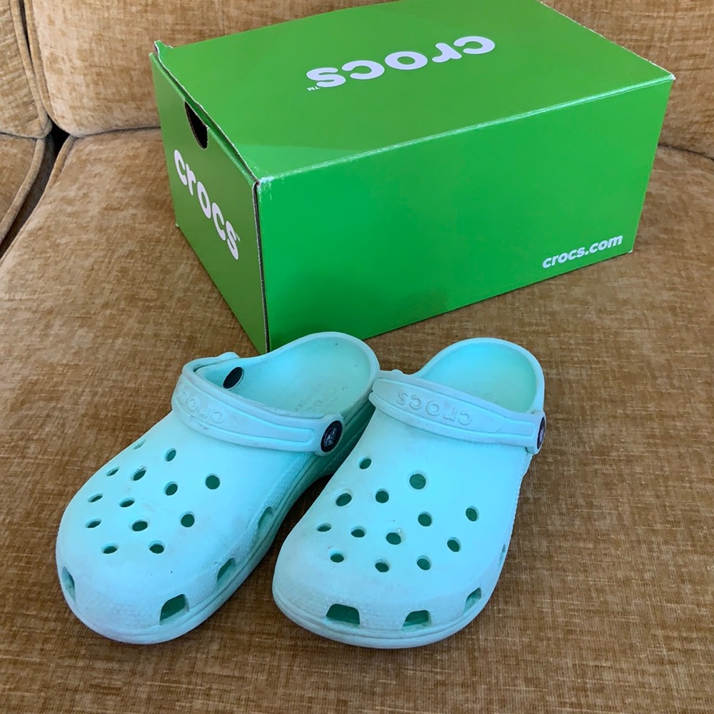 Kids mint green Crocs size 12